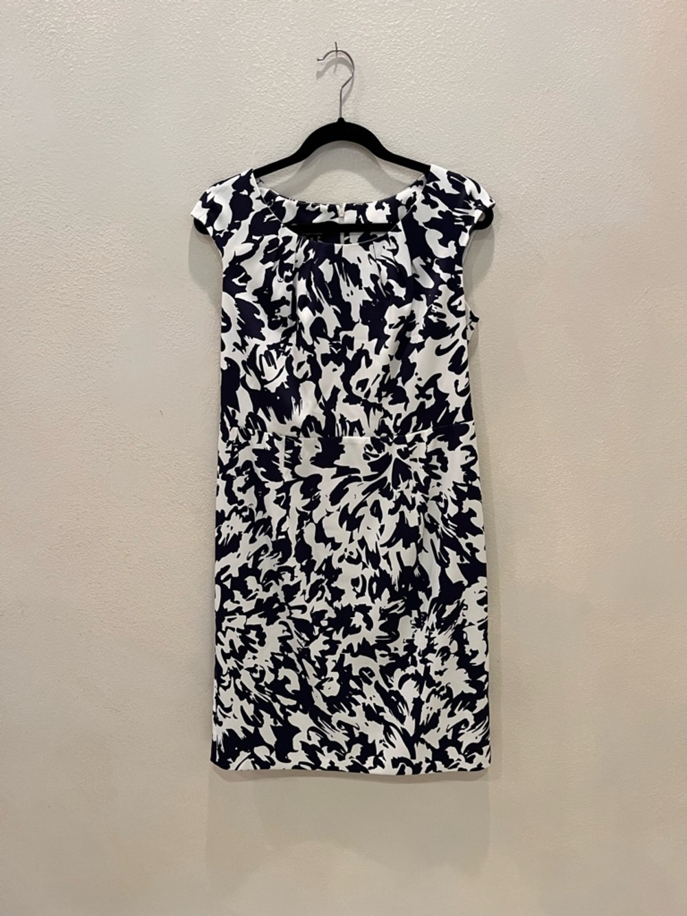 Navy and White Printed Cap-Sleeve Sheath Dress